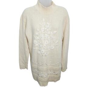 Vintage Silk & Angora Blend Cream Floral  Embroidery  Pearl Grandma Core Sweater